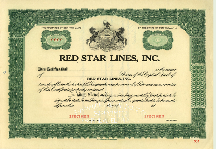 Red Star Lines, Inc - Specimen - Stock Certificate